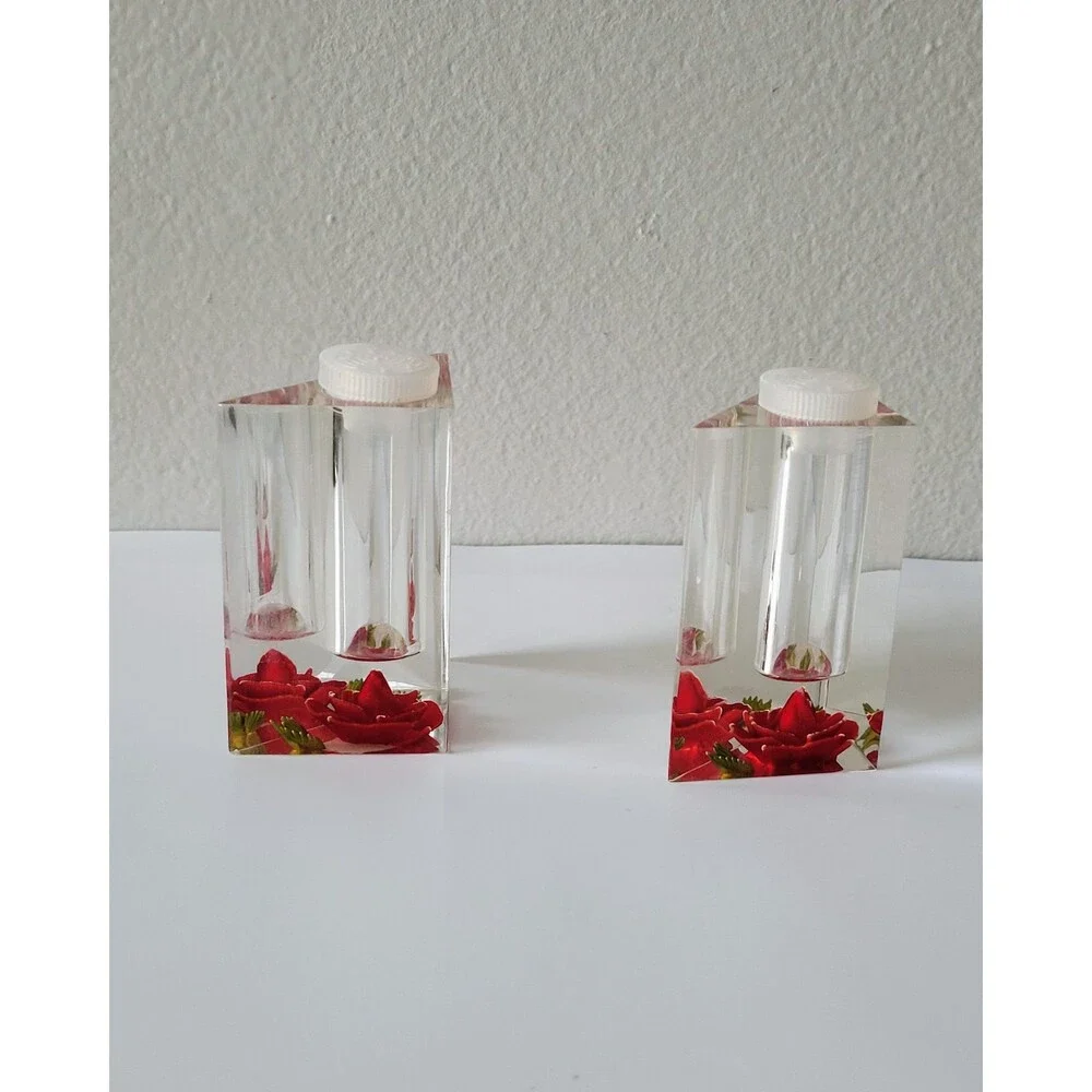 Vintage Clear Lucite Salt and Pepper Shakers Reverse Carved Red Roses Bircraft